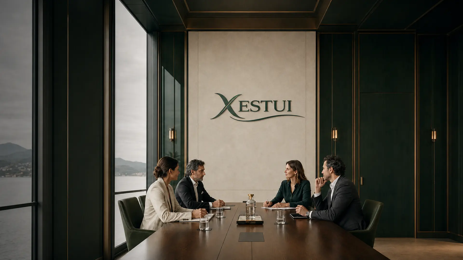 Escena editorial de cuatro profesionales trabajando alrededor de una decisión empresarial en Casa XESTUI