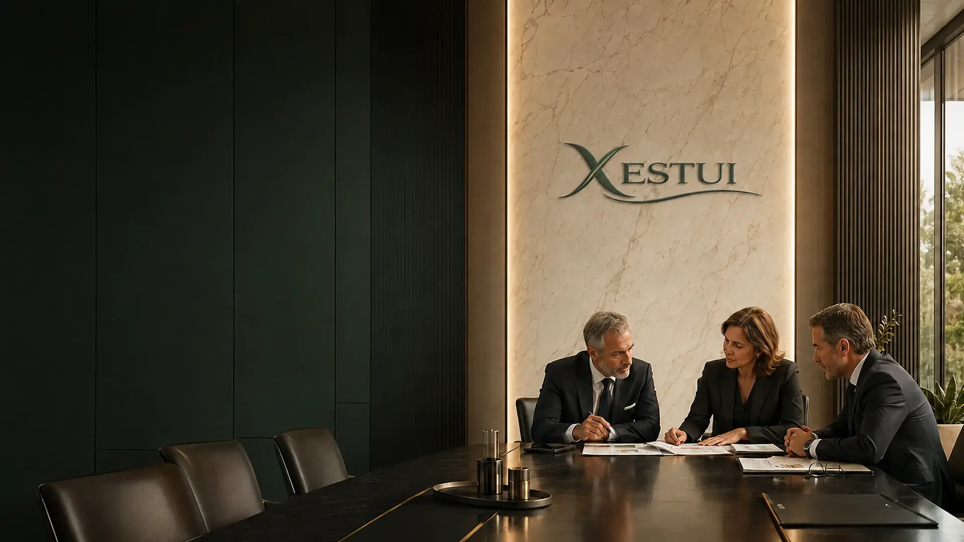 Equipo profesional reunido en una sala de juntas XESTUI