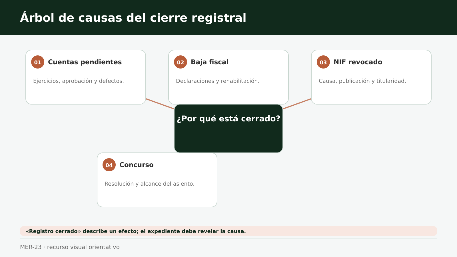 Expediente societario ante una puerta registral cerrada con varias llaves que representan causas diferentes