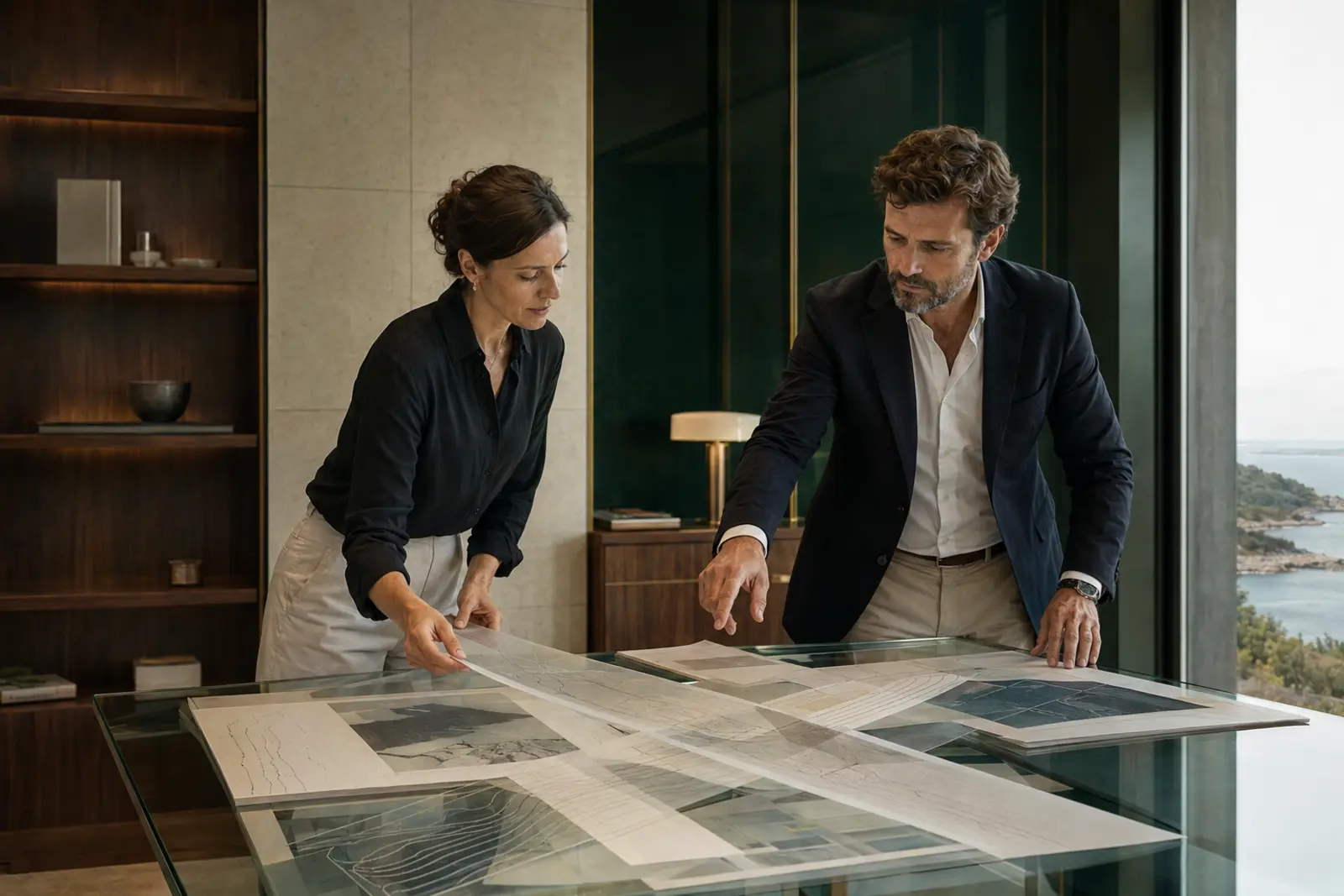 Escena editorial de dos profesionales conectando documentos y criterios en el estudio del Método XESTUI