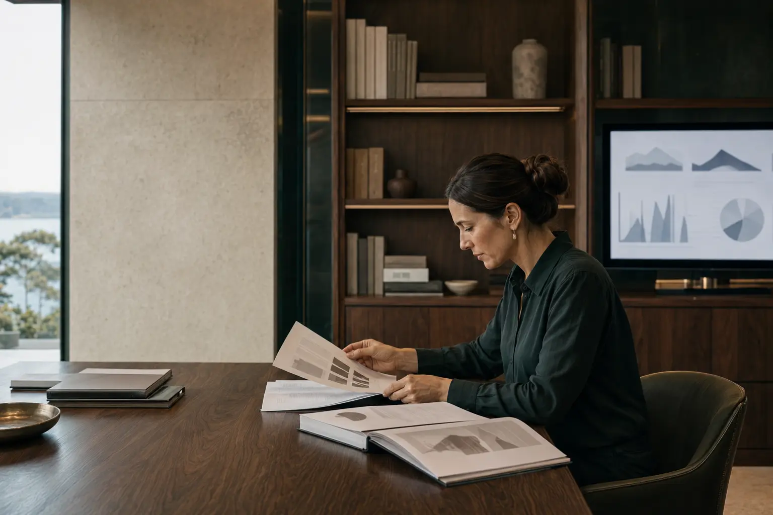 Escena editorial de una profesional contrastando documentación y datos