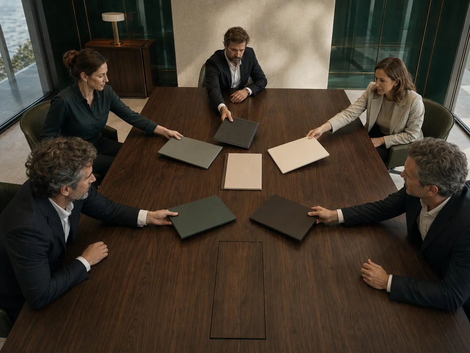 Profesionales de distintas áreas coordinando una decisión empresarial