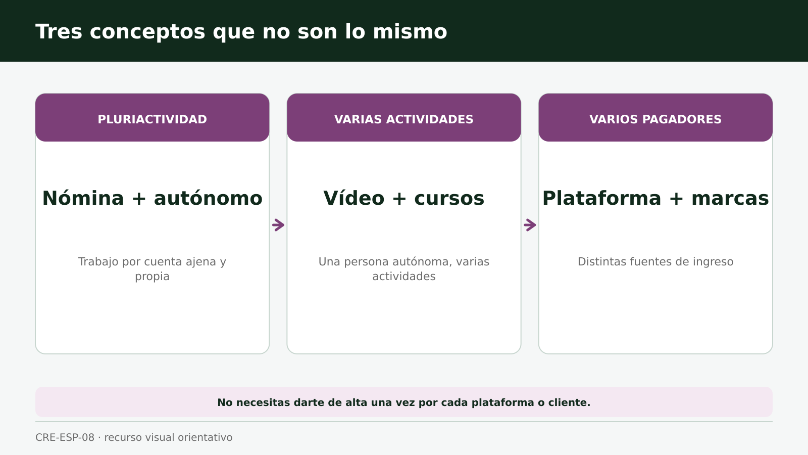 Tres columnas que distinguen pluriactividad, varias actividades y varios pagadores con un ejemplo