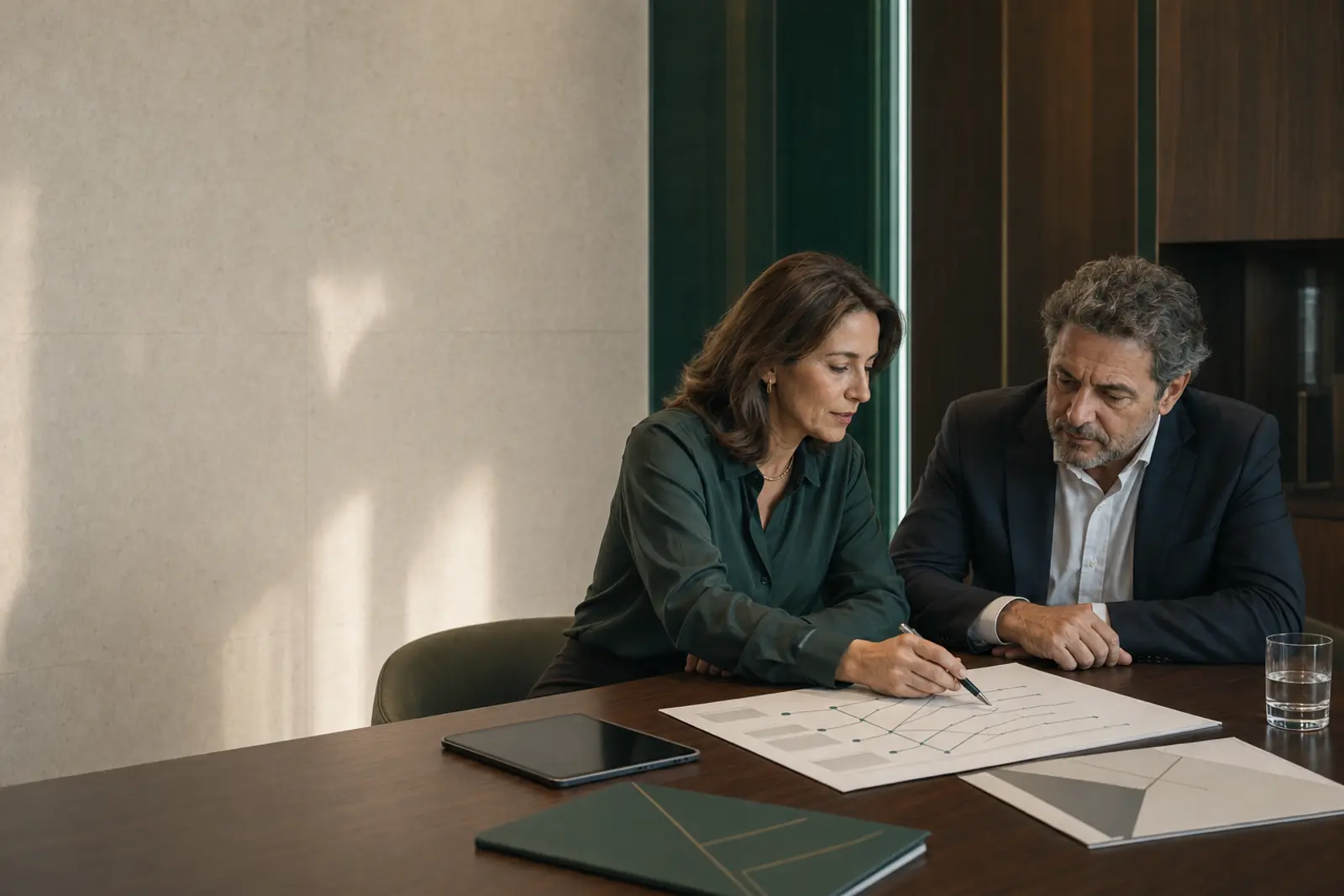 Asesora y empresario conectando información antes de tomar una decisión