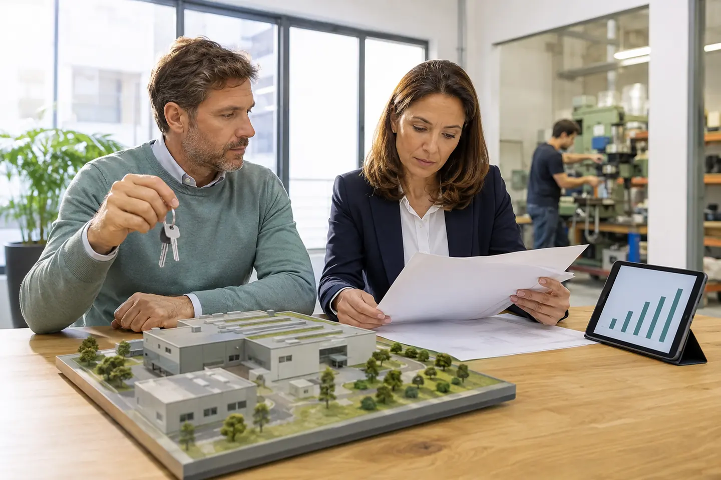 Socio y asesora valorando las participaciones de una empresa para calcular el exit tax