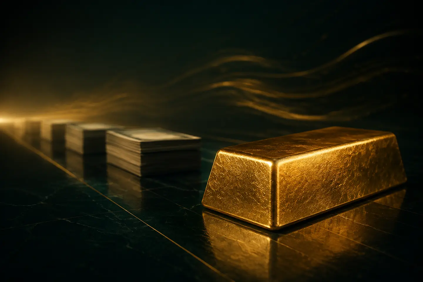 Lingote de oro iluminado frente a pilas de papel moneda en sombra como metáfora del largo plazo.